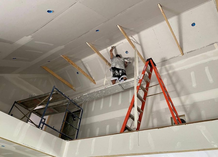 Louisville drywall ceiling finishing with scaffold, ladder, taped seams, mudded joints, and recessed light cutouts